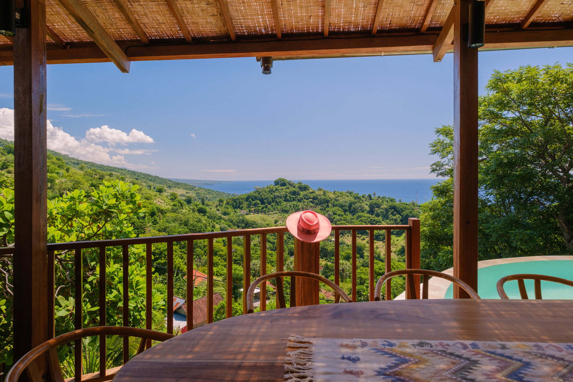 Panoramic sea view from Villa Layan's timber terrace