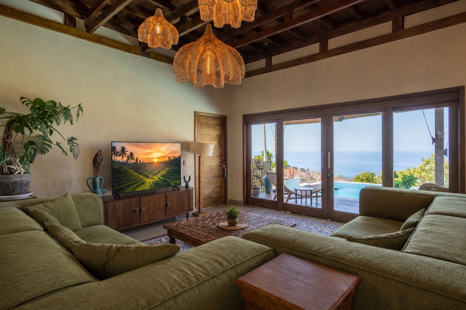 Villa Sana living room opening onto the private pool and sea view